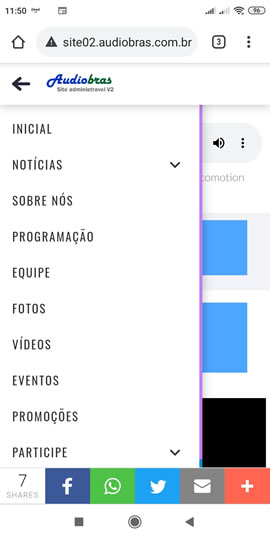 Tela mostrando menu mobile